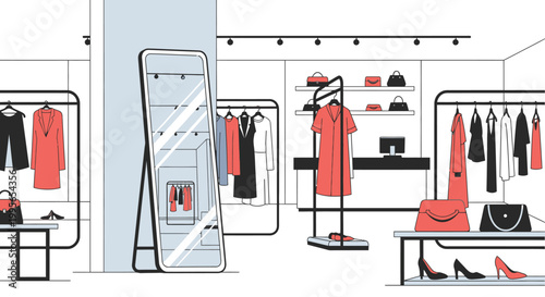 Modern Clothing Store Interior with Dresses, Bags, and Mirror