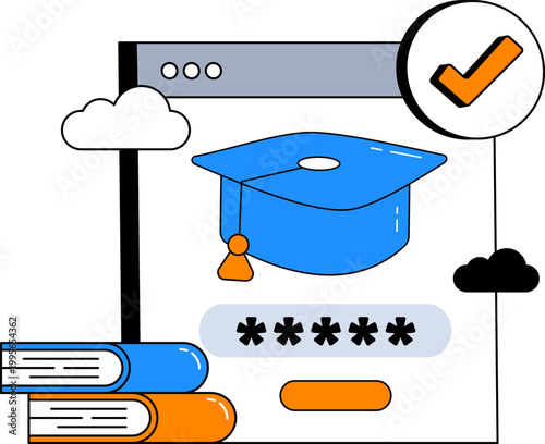 Graduation cap books and browser window with password login for online education vector illustration