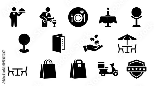 Restaurant Service and Dining Experience Silhouette Set – Hospitality and Food Service Icons