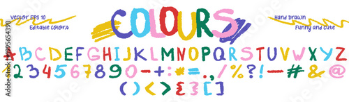 Funny colorful bold kids hand drawn font with soft crayon texture. Cute multicolored English alphabet vector illustration for children with handwritten letters, numbers and punctuation marks isolated
