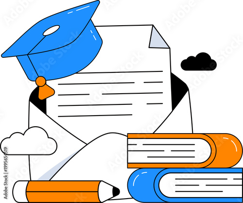 Graduation cap and envelope with books for online academic digital learning vector illustration