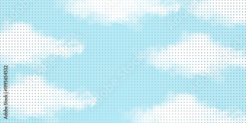 Dotted comic cloud background. White halftone clouds in sky. Pop art heaven wallpaper for banner, brochure, collage, poster, leaflet. Pixelated smoke, smog or fog texture. Vector illustration