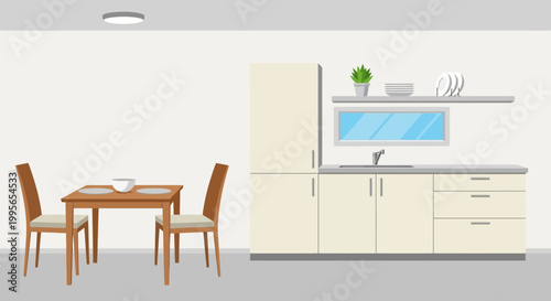 Modern Kitchen Interior with Dining Table and Chairs, Refrigerator, Sink, and Shelves