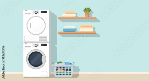Modern Laundry Room with Stacked Washer and Dryer, Clothes Basket, and Shelves