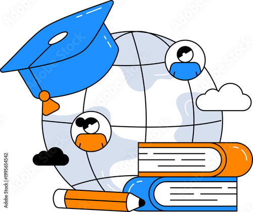 Graduation cap on globe with books for global online learning concept vector illustration