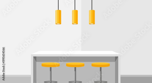 Modern kitchen island with three bar stools and pendant lights