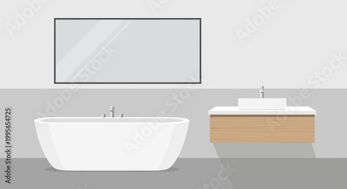 Modern minimalist bathroom interior with freestanding bathtub and wall-mounted vanity