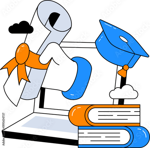 Laptop hand holding diploma mortarboard books for remote graduation and online education vector illustration