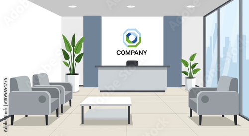 Modern Office Reception Area with Seating, Plants, and Company Logo