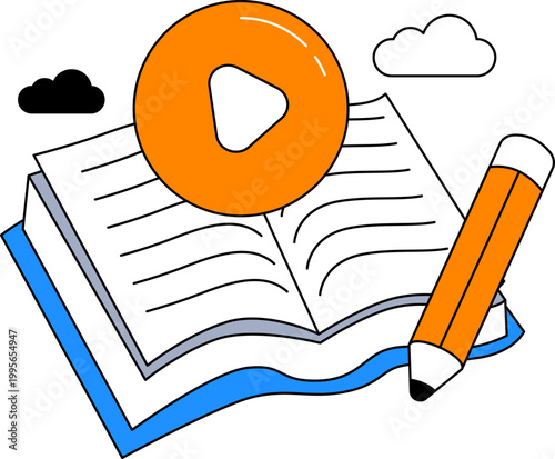Open book and pencil with play icon for online education learning vector illustration