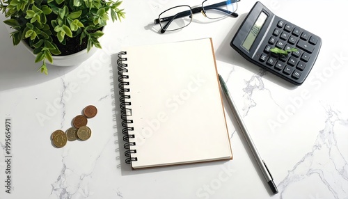 Flat lay of office desk with stationery, coins, and calculator