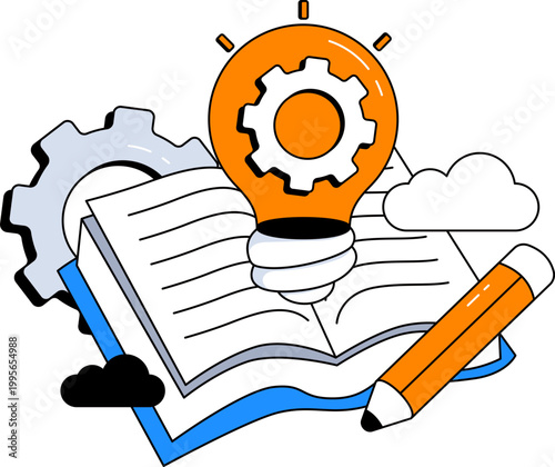 Light bulb with gear on open book and pencil for online education vector illustration