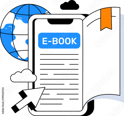 Smartphone ebook open book pages globe and cursor for global online education vector illustration