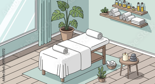 Relaxing Spa Room with Massage Table, Plants, and Essential Oils