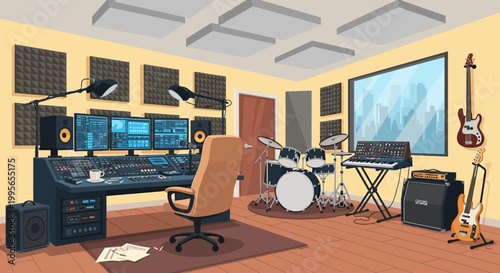 Professional Recording Studio Setup with Soundproofing, Desk, Drums, and Guitars