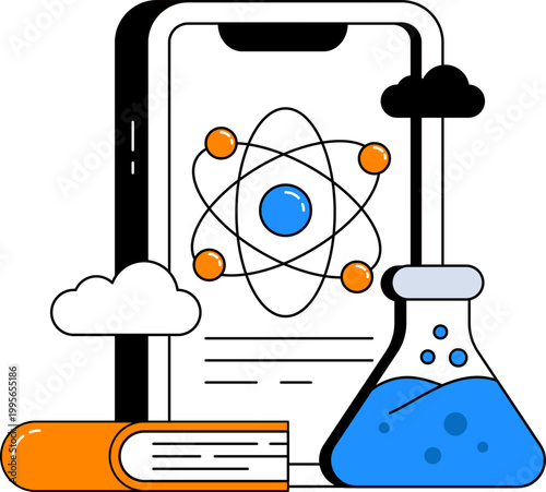 Smartphone with atom symbol science flask and book for digital learning education vector illustration