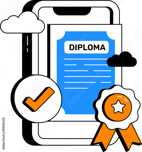 Smartphone with digital diploma and award ribbon for online education certification vector illustration