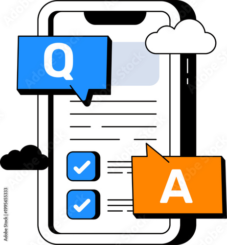 Smartphone with question and answer speech bubbles for mobile online education quiz vector illustration