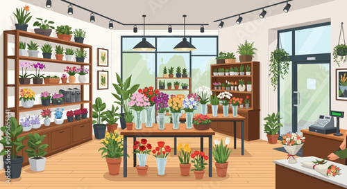 Vibrant Flower Shop Interior with Assorted Plants and Bouquets
