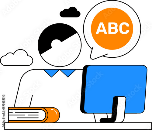 Student at computer with books for online language learning education course vector illustration