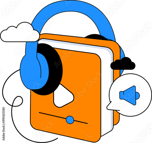 Audiobook with headphones and video play icon for online learning digital education vector illustration