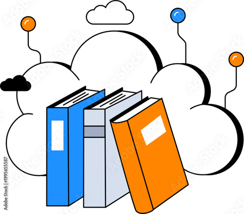 Books standing before clouds and abstract nodes for online education digital library vector illustration