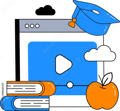 Browser window graduation cap books and apple for digital distance elearning platform vector illustration