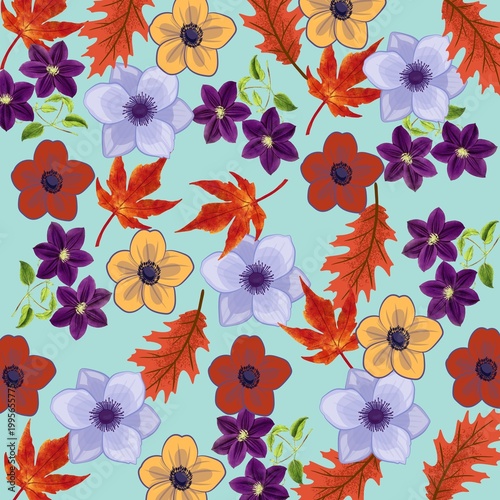 Untitled design - 1Dense Floral and Autumn Leaves Pattern on Blue