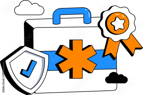 Medical kit shield and award badge for army field healthcare services vector illustration