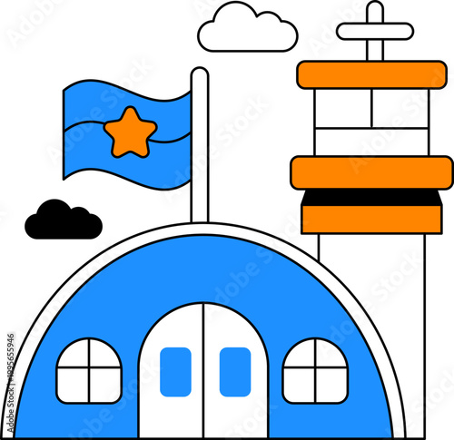 Military hangar control tower and flag for airbase defense headquarters operation vector illustration
