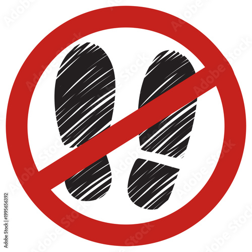 Vector cartoon illustration showing a black businessman shoe footprint track print with a prominent red forbidden round prohibition concept for not walking with shoes