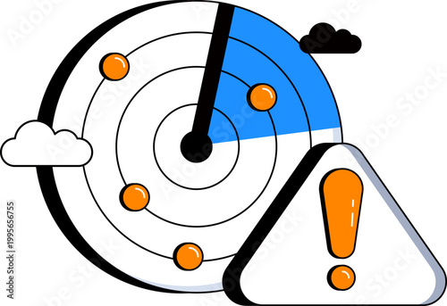 Radar screen monitoring targets and exclamation mark warning sign for defense vector illustration