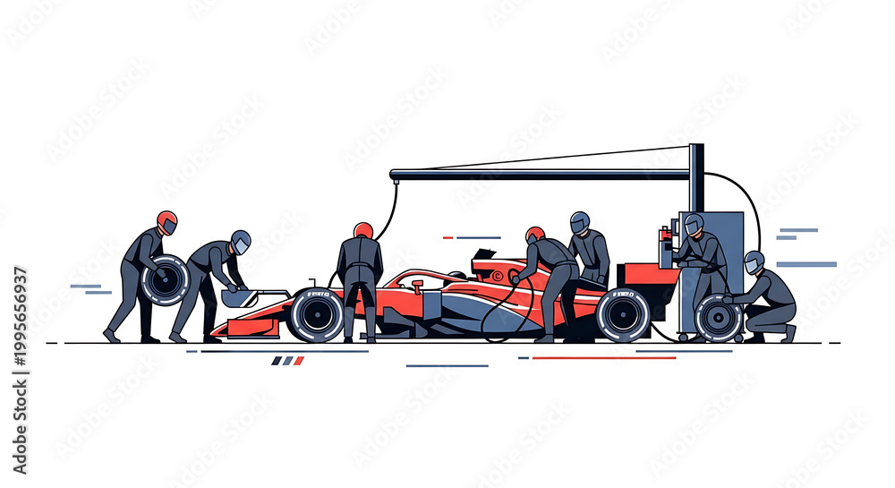 Fototapeta premium Formula one pit stop, racing car tire change, speed, teamwork, automotive engineering, professional mechanics in action on a neutral background