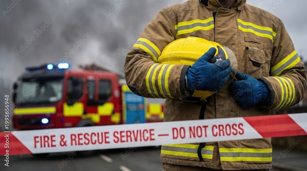 Fototapeta premium Firefighter in protective gear holding helmet with fire trucks and barrier tape in background.