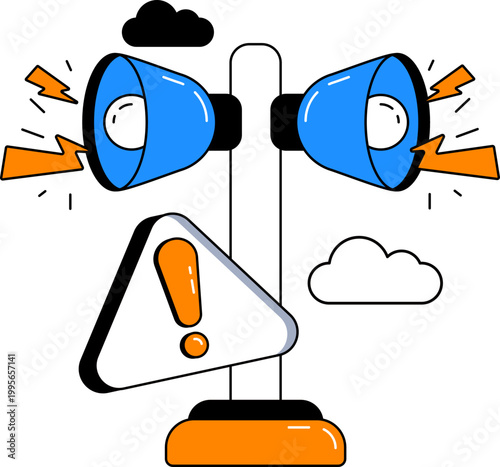 Air raid siren and caution sign for emergency military war alert vector illustration