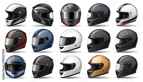Collection of stylized motorcycle helmets in various colors, designs, and styles