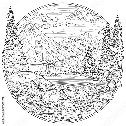 Landscape with a mountain river and fir trees in a round frame.Coloring book antistress for children and adults. 