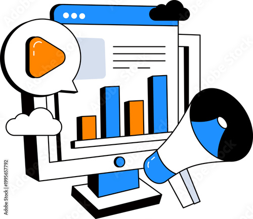 Computer monitor with megaphone bar chart and play button for digital marketing vector illustration