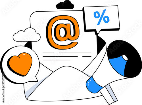 Envelope megaphone and at symbol for email marketing digital promotion vector illustration