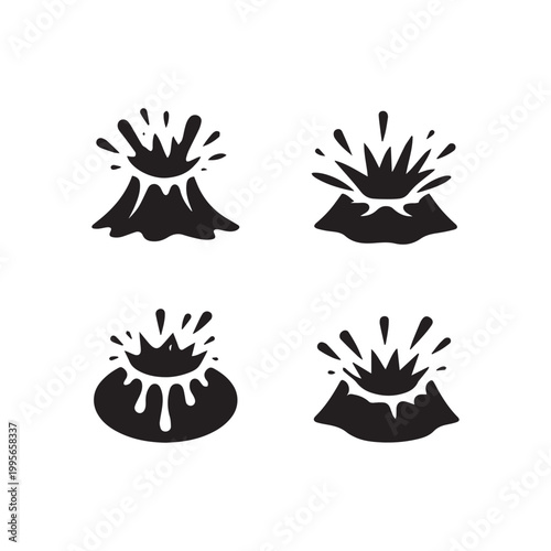 Four Dynamic Erupting Volcano and Explosive Splash Icons in Striking Black