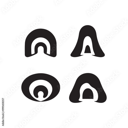 Abstract black and white layered tunnel shapes minimalist graphic design elements collection