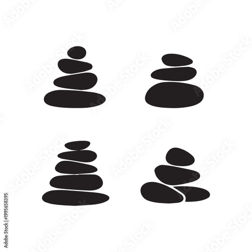 Four Black Silhouettes of Perfectly Balanced Zen Stone Stacks on a Pure White Background for Calmness