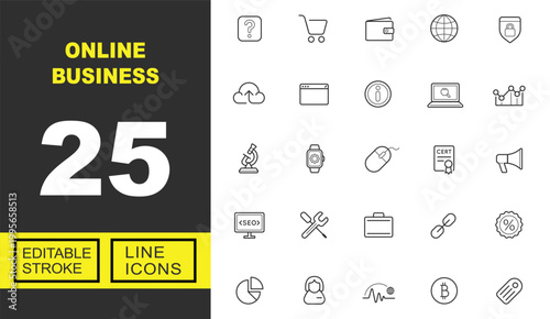 Online Business line icon set. Vector pictograms of question, cart, wallet, globe, shield, cloud, browser, info, laptop, graph, microscope, watch, mouse, certificate. Editable stroke.