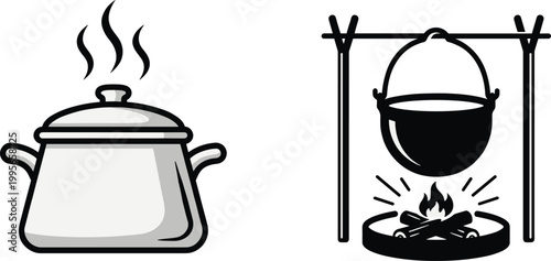 Cooking pot steaming campfire icon illustration, indoor outdoor food preparation artwork design, culinary motif concept symbol graphic, black white professional representation