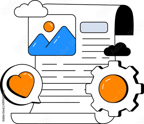 Paper document mountain photo gear and heart icon for digital marketing vector illustration
