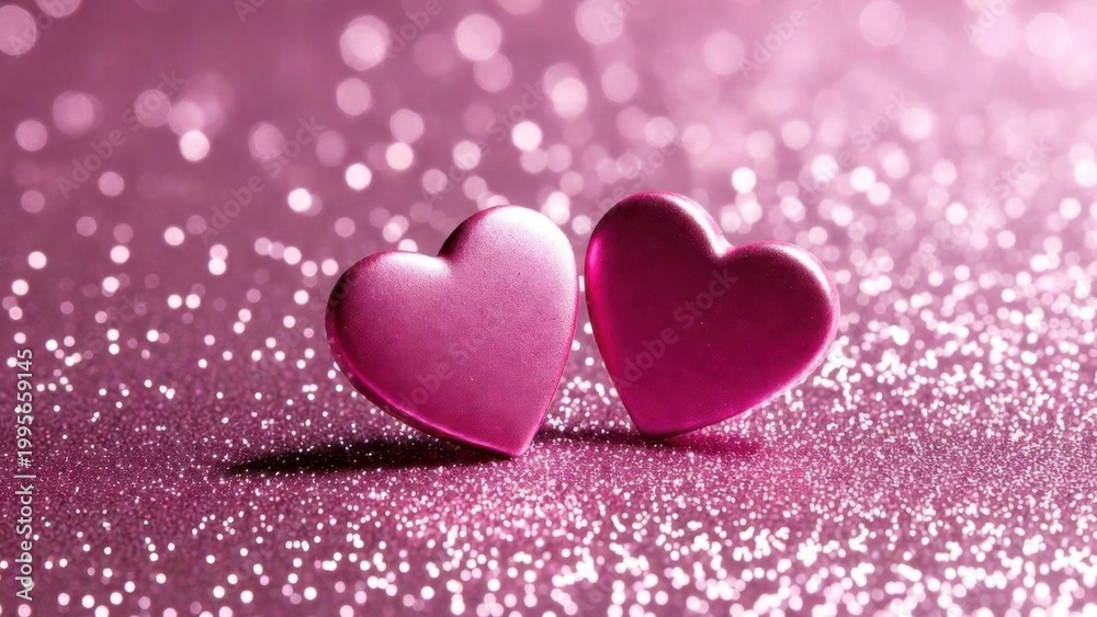 Fototapeta premium Two pink hearts leaning together on glittery surface