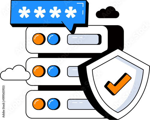 Server rack and shield with password bubble for data security and protection vector illustration