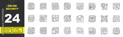 Online Security line icon set. Vector pictograms of monitor, newsletter, rating, protection, synchronization, calculator, browsing, cloud, badge, payment, touchscreen, package. Editable stroke.