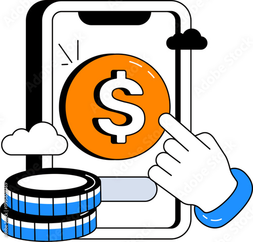 Smartphone dollar coin and hand for mobile banking and digital payment vector illustration