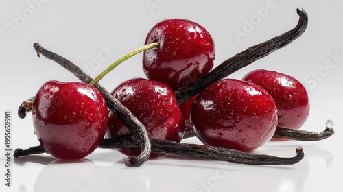 Close-up of red cherries with vanilla beans on white surface
